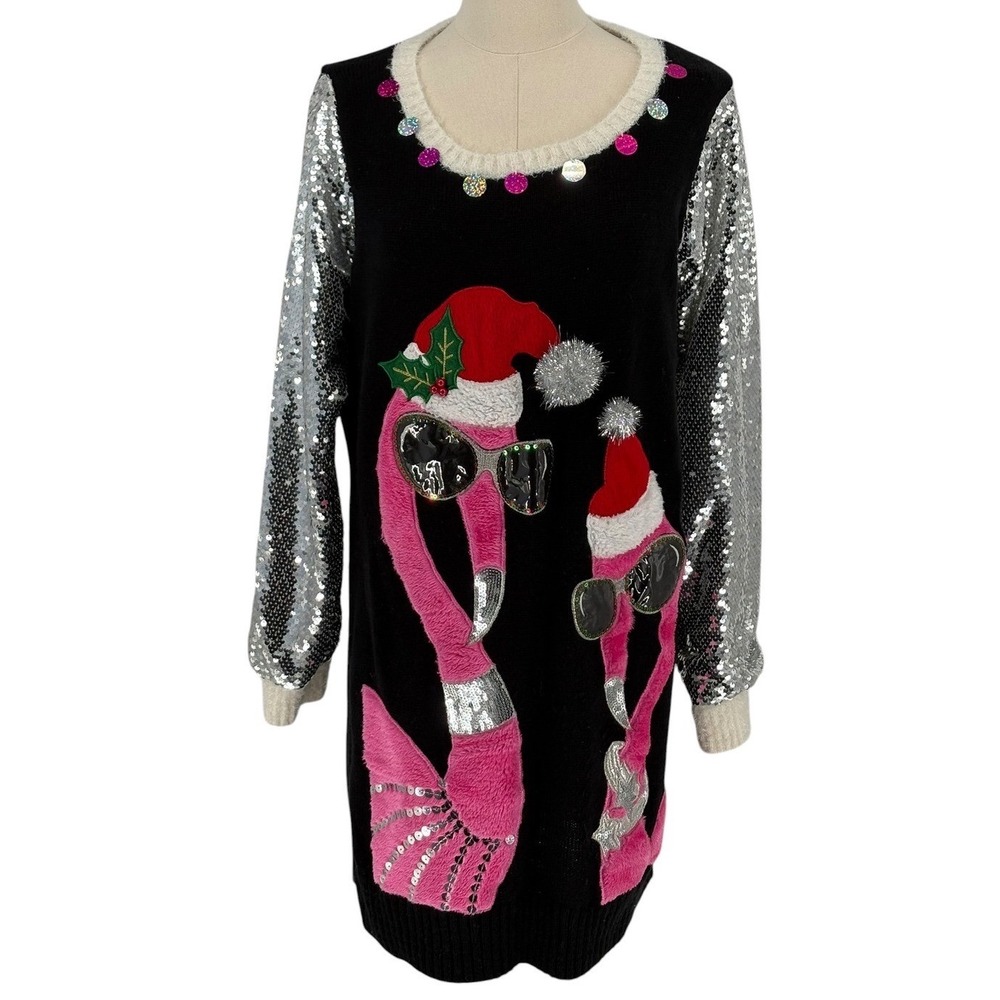 33 Degrees Ugly Christmas Sweater Dress Black Flamingo Sequin Sleeves L